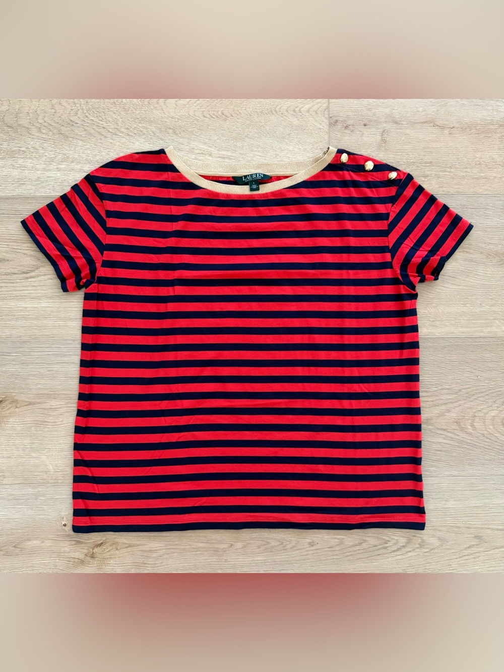 Lauren Ralph Lauren Striped Boatneck Gold Button Top Red Navy Large
